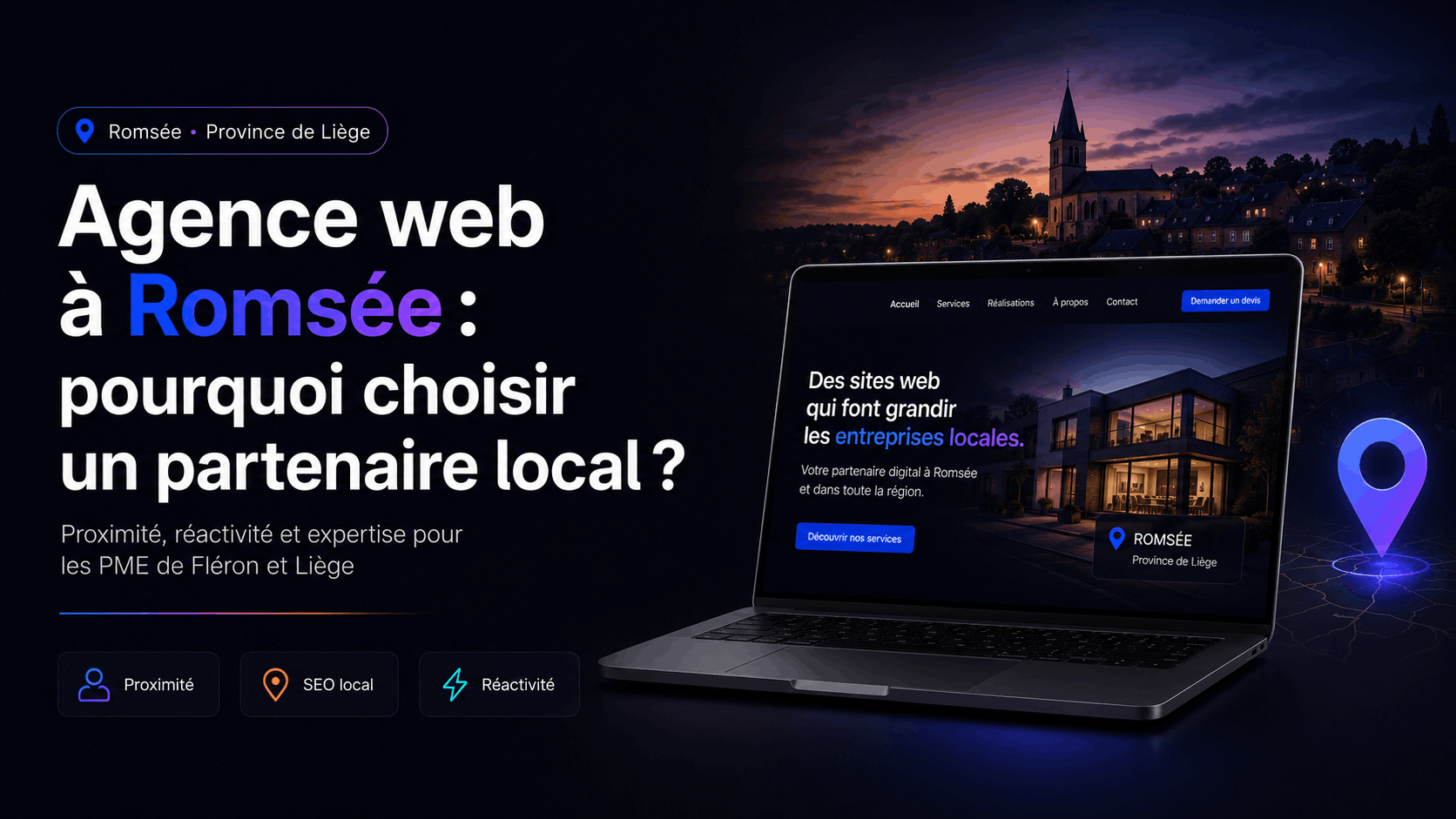 Carte stylisée de Romsée et Fléron avec icônes site web, Dolibarr et automation n8n pour PME locales