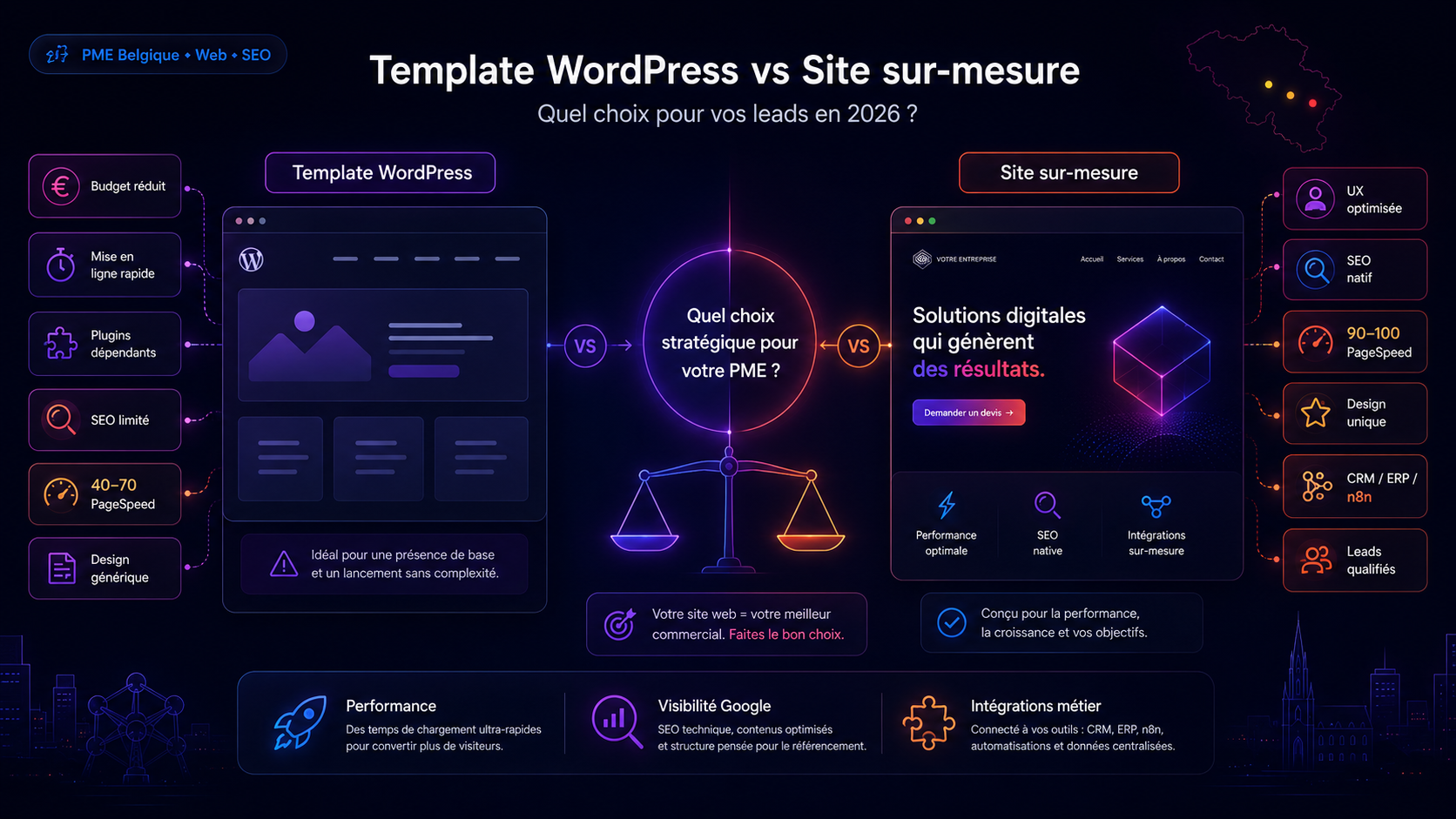 Comparatif visuel entre un site web template WordPress générique et un site sur-mesure performant avec Core Web Vitals optimisés